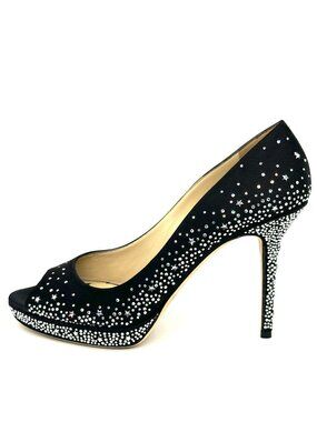 Jimmy Choo DALI Crystal Jewel Platform Open Toe Satin Heels Pumps Shoes